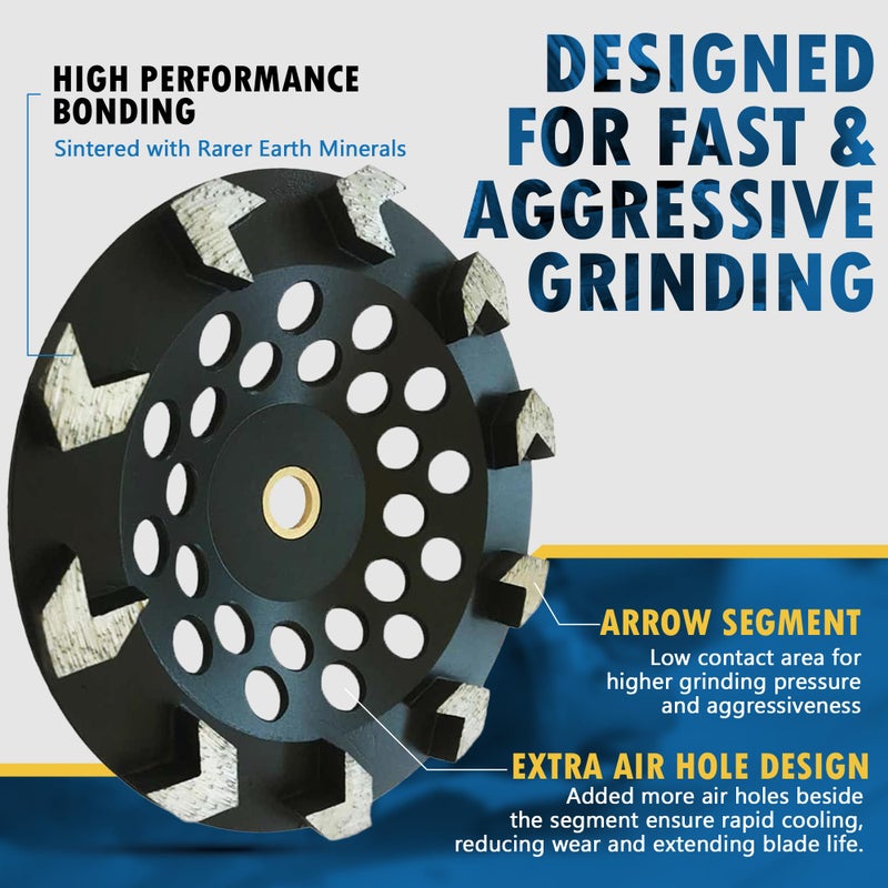 EDiamondTools 7" High Performance Diamond Grinding Wheels for Concrete, Paint, Epoxy, Mastic, Coating Removal, #30/40 Grit, 10 Arrow Segments, 7/8"-5/8" Arbor - Image 2